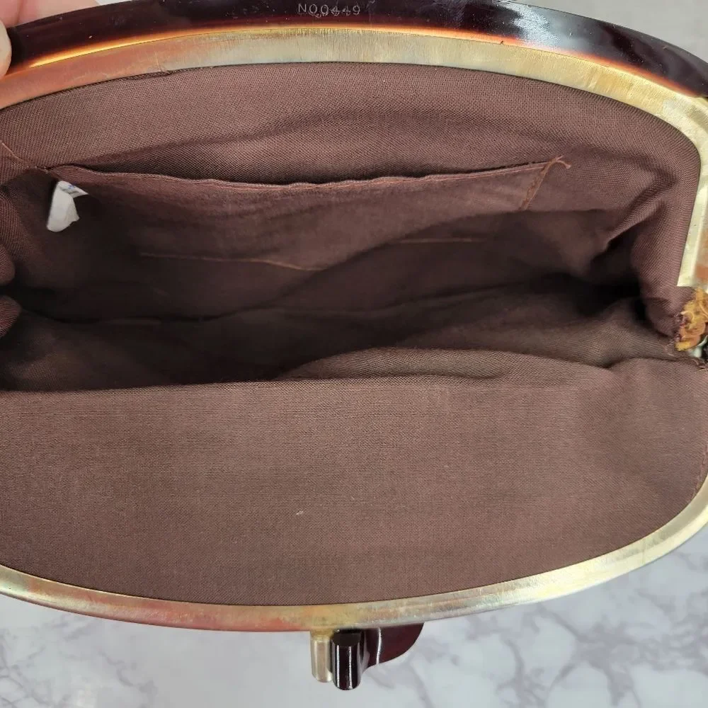 John Wind 70s Vintage Brown Perforated Leather Clutch Framed Kisslock Kiss Lock